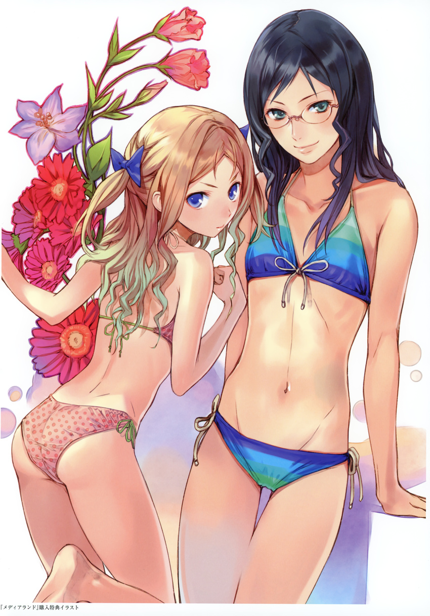 absurdres ass astrid_zexis atelier_(series) atelier_rorona barefoot bikini black_hair blonde_hair blue_bikini blue_eyes bow clenched_hand collarbone cuderia_von_feuerbach eustoma flat_chest flower from_behind front-tie_top gerbera glasses groin hair_bow halterneck highres kishida_mel lips long_hair looking_at_viewer looking_back midriff multiple_girls navel official_art pink_bikini polka_dot polka_dot_bikini polka_dot_swimsuit rimless_eyewear side-tie_bikini smile string_bikini striped striped_bikini striped_swimsuit swimsuit thigh_gap two_side_up white_background