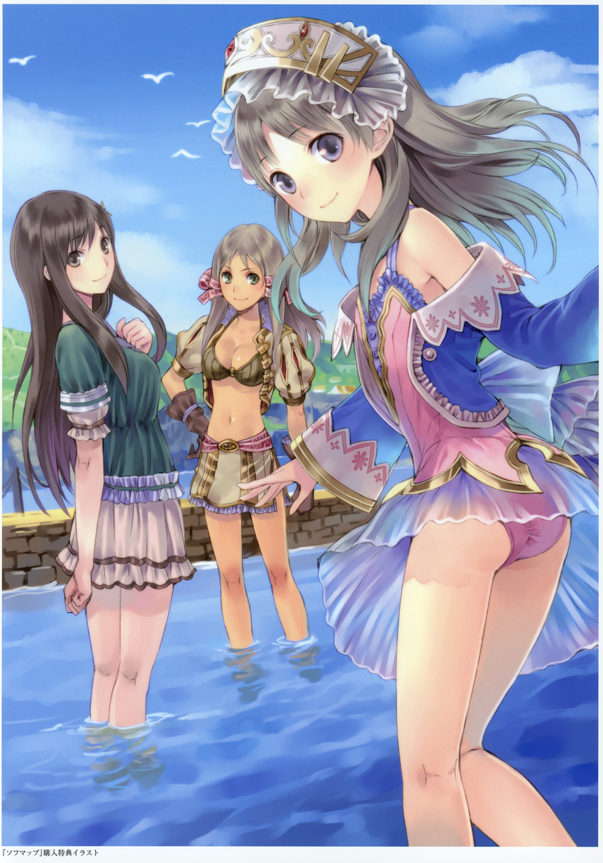 absurdres ass atelier_(series) atelier_totori black_eyes black_hair blonde_hair breasts brown_hair cecilia_helmold cleavage dark_skin hair_ribbon highres image_sample kishida_mel leotard long_hair looking_back mervia_siebel midriff multiple_girls navel o-ring o-ring_top official_art pink_leotard ribbon silver_hair small_breasts smile submerged totooria_helmold tress_ribbon water yandere_sample