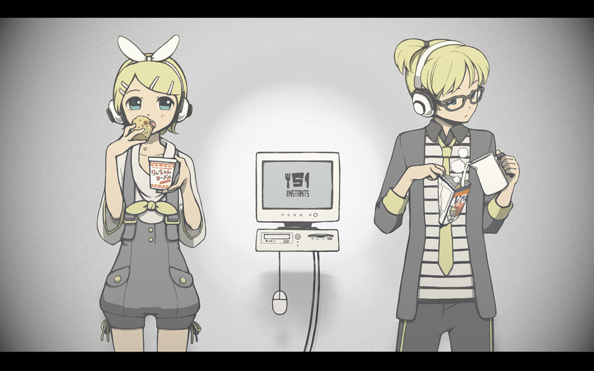 blonde_hair blue_eyes bow computer cup eating food glasses headphones kagamine_len kagamine_rin mouse open_mouth overalls pony_tail ramen steam tagme tie vocaloid water