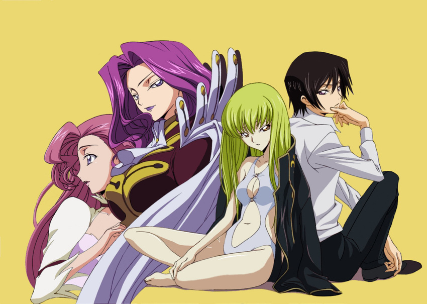 :o ashford_academy_uniform back-to-back barefoot black_hair breasts c.c. cape casual_one-piece_swimsuit center_opening chiba_yuriko chin_stroking cleavage cleavage_cutout code_geass cornelia_li_britannia dress euphemia_li_britannia green_hair indian_style jacket large_breasts lelouch_lamperouge long_hair midriff multiple_girls naughty_face navel official_art one-piece_swimsuit open_clothes open_jacket open_mouth pink_hair purple_eyes purple_hair school_uniform short_hair siblings simple_background sisters sitting smile swimsuit tabata_hisayuki turtleneck uniform white_swimsuit yellow_eyes