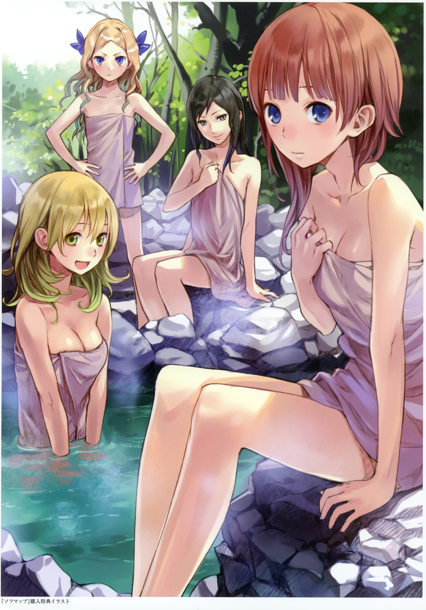 :d absurdres astrid_zexis atelier_(series) atelier_rorona bare_shoulders bathing black_hair blonde_hair blue_eyes blush bow breasts brown_hair cleavage covering cuderia_von_feuerbach day green_eyes hair_bow hands_on_hips highres holding kishida_mel lionela_heinze long_hair looking_at_viewer medium_breasts multiple_girls naked_towel official_art onsen open_mouth outdoors partially_submerged rock rororina_fryxell short_hair sitting small_breasts smile standing towel water yellow_eyes