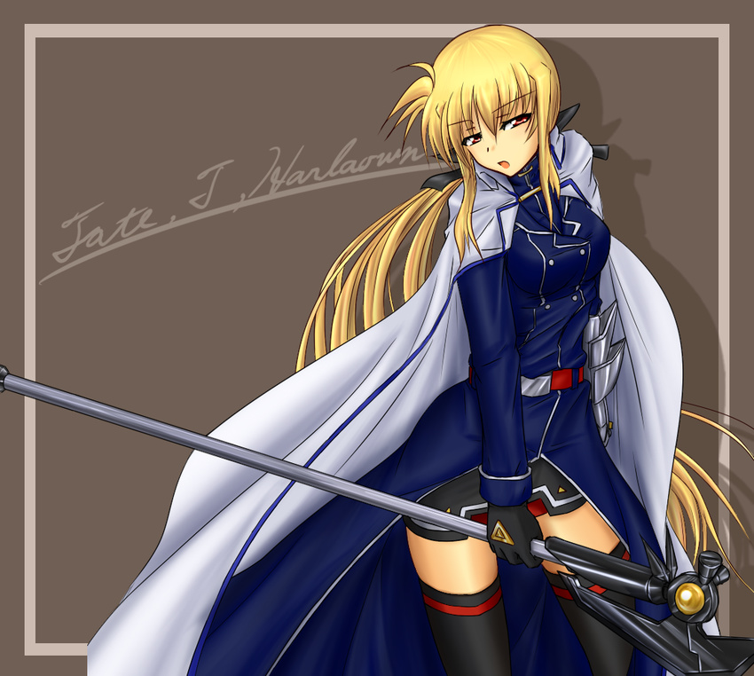 axe bardiche blonde_hair cape fate_testarossa gauntlets gloves hair_ribbon long_hair lyrical_nanoha mahou_shoujo_lyrical_nanoha_strikers moonlight_(base) red_eyes ribbon solo thighhighs twintails very_long_hair weapon