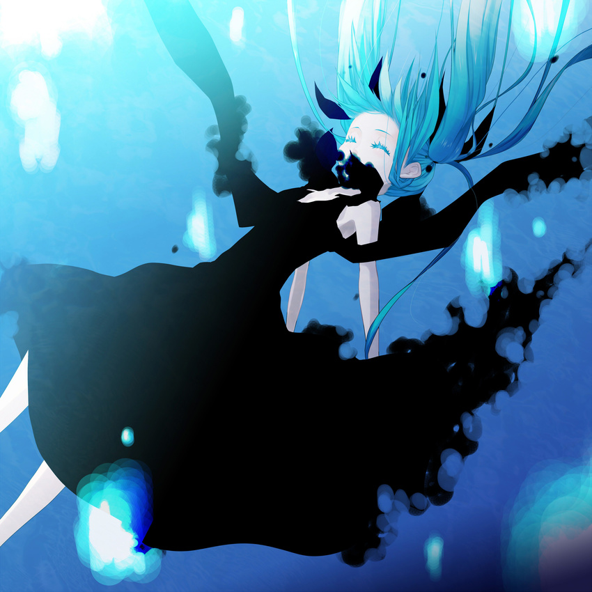 aqua_hair bad_id bad_pixiv_id black_dress closed_eyes dress floating_hair hanasaki_mahiru hatsune_miku highres long_hair shinkai_shoujo_(vocaloid) solo twintails underwater vocaloid