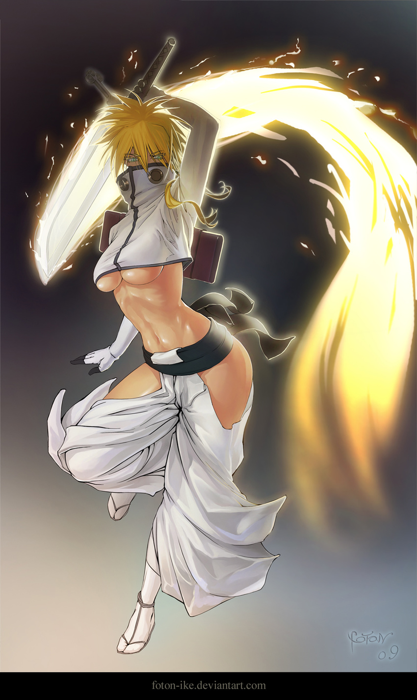 arrancar bleach blonde_hair breasts foton-ike gloves green_eyes highres long_hair medium_breasts revealing_clothes short_hair solo sword tier_harribel underboob weapon