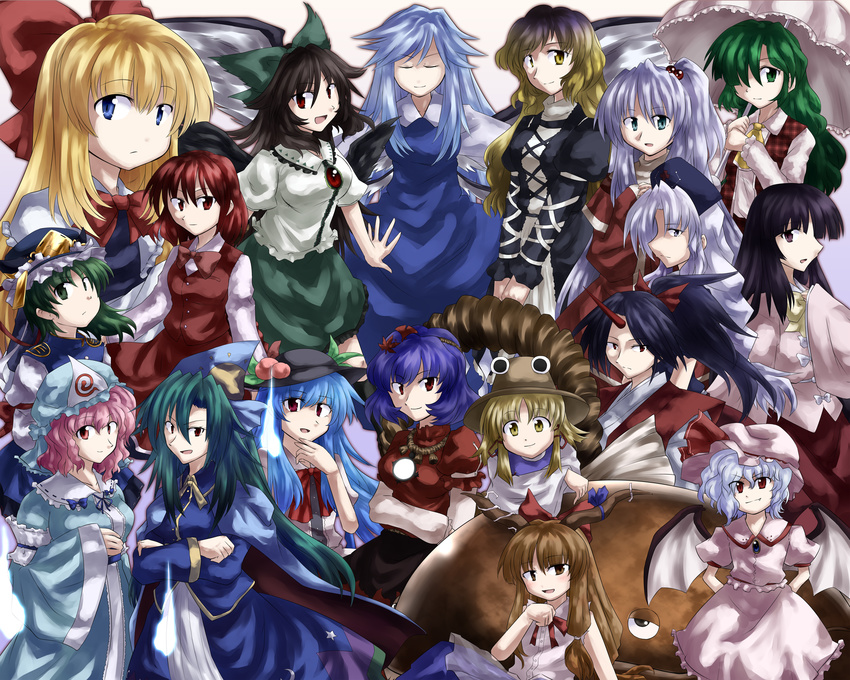 absurdres bat_wings black_hair blonde_hair blue_hair brown_hair crossed_arms everyone goliath_doll gradient_hair green_hair hair_over_one_eye hat highres hijiri_byakuren hinanawi_tenshi horn horns houraisan_kaguya ibuki_suika japanese_clothes kataginu kazami_yuuka kazami_yuuka_(pc-98) kimono konngara long_hair mima moriya_suwako multicolored_hair multiple_girls namazu okazaki_yumemi parasol pink_hair plaid plaid_vest purple_hair red_hair reiuji_utsuho remilia_scarlet saigyouji_yuyuko sakuragi_rian sariel shiki_eiki shinki short_hair silver_hair sleeveless smile stage_connection touhou touhou_(pc-98) umbrella v_arms vest wings wizard_hat yagokoro_eirin yasaka_kanako