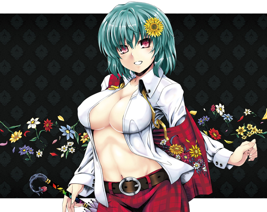 ascot belt breasts cleavage closed_umbrella flower green_hair hair_flower hair_ornament highres impossible_clothes impossible_shirt jpeg_artifacts kazami_yuuka large_breasts open_clothes open_shirt plaid plaid_skirt plaid_vest red_eyes satou_samu shirt short_hair skirt skirt_set smile solo sunflower touhou umbrella untied vest