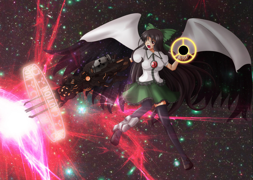 alternate_weapon arm_cannon asymmetrical_clothes bad_id bad_pixiv_id black_hair black_sun black_wings bow cape caution energy_ball hair_bow kou512a long_hair mismatched_footwear open_mouth radiation_symbol red_eyes reiuji_utsuho skirt star sun thighhighs third_eye touhou very_long_hair weapon wings zettai_ryouiki