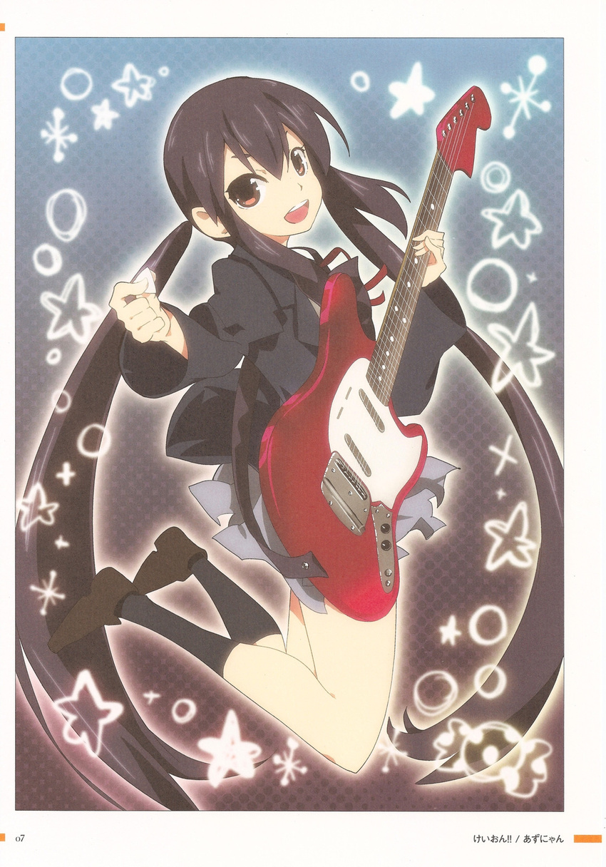 black_hair black_legwear blazer brown_eyes guitar highres instrument jacket jumping k-on! kei_(keigarou) kneehighs long_hair nakano_azusa open_mouth plectrum ribbon scan scan_artifacts school_uniform skirt smile socks solo twintails very_long_hair