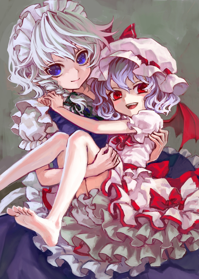 ama-tou barefoot bat_wings blue_eyes braid carrying faux_traditional_media feet frills gathers hat highres izayoi_sakuya lavender_hair looking_at_viewer maid maid_headdress multiple_girls open_mouth princess_carry red_eyes remilia_scarlet short_hair silver_hair smile soles toes touhou twin_braids wings