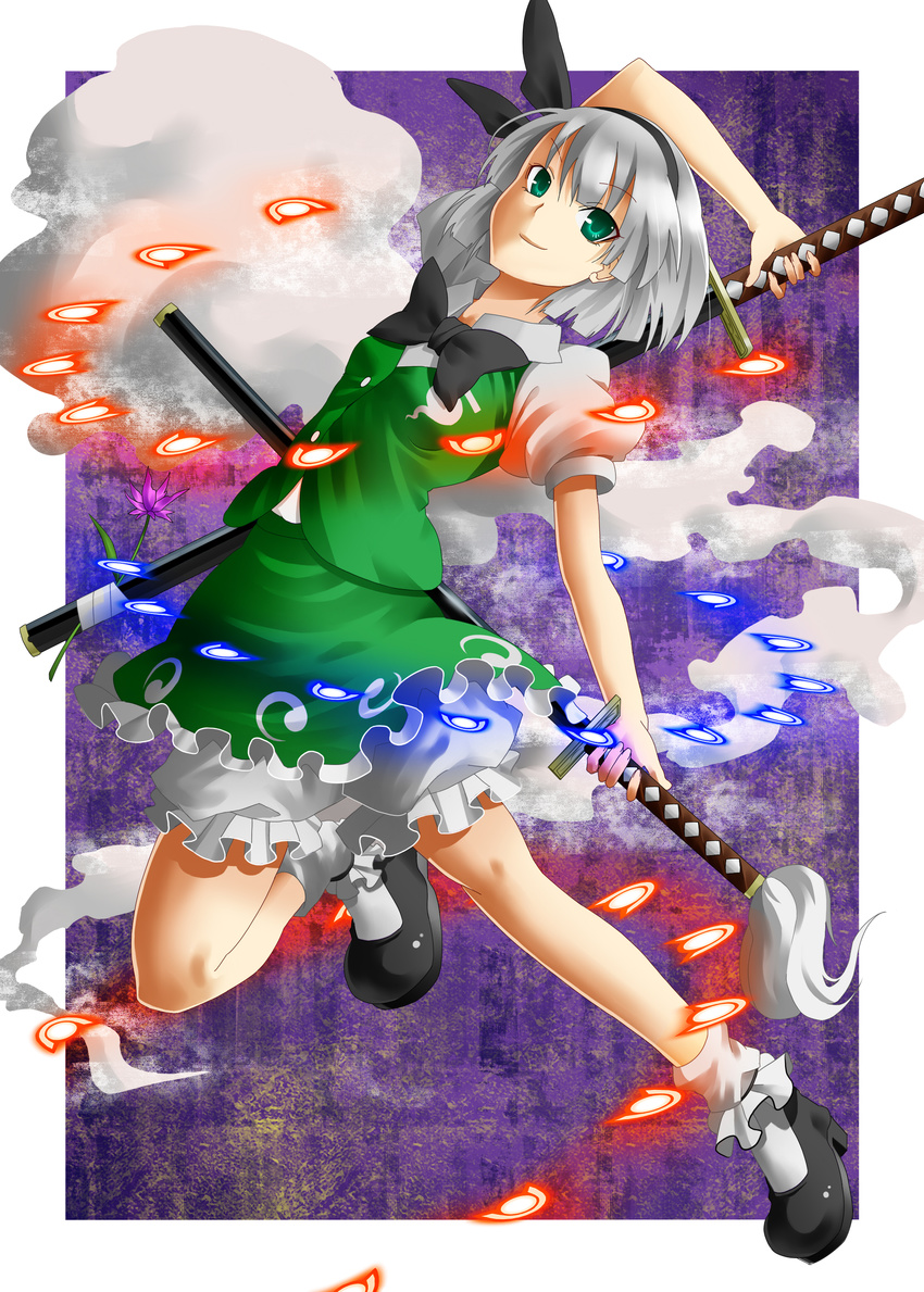 absurdres arched_back arm_up black_hairband bloomers bob_cut bobby_socks bow bowtie danmaku flower green_eyes hairband highres hinoyama_ena katana konpaku_youmu konpaku_youmu_(ghost) sheath sheathed shoes short_hair silver_hair skirt smile socks solo sword touhou underwear vest weapon