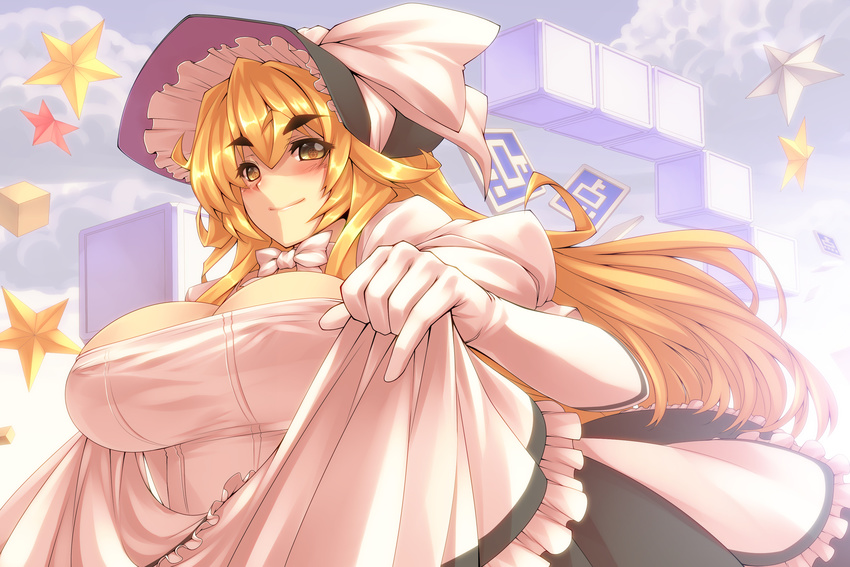 &gt;:) apron areolae blonde_hair bonnet bow breasts cleavage cloud covered_nipples eyebrows gloves hat highres huge_breasts invincible_marisa kirisame_marisa long_hair mushroom new_super_marisa_land no_bra older power-up smile solo star symbol-shaped_pupils thick_eyebrows touhou tro v-shaped_eyebrows waist_apron yellow_eyes