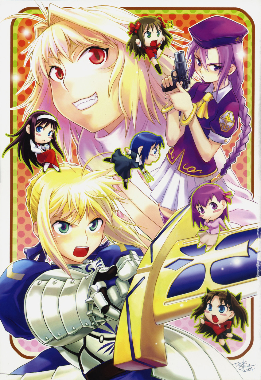 arcueid_brunestud arima_miyako artoria_pendragon_(all) blonde_hair chibi ciel excalibur fate/stay_night fate_(series) foreshortening gun highres matou_sakura melty_blood multiple_girls saber signature sion_eltnam_atlasia sword task_owner toono_akiha toosaka_rin tsukihime weapon