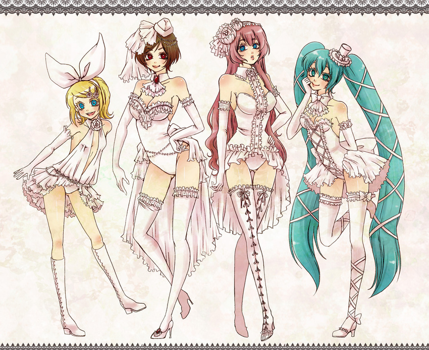 cleavage hatsune_miku kagamine_rin megurine_luka meiko nightcat thigh-highs twintails vocaloid