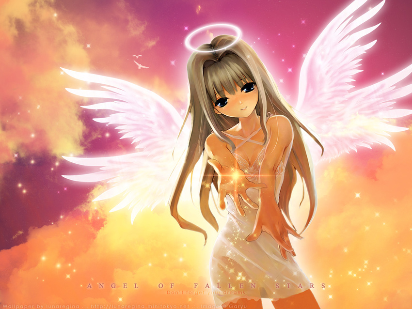 angel angel_wings blue_eyes brown_hair cloud copyright_request halo highres md5_mismatch multiple_wings seraph shihira_tatsuya sky solo wallpaper wings