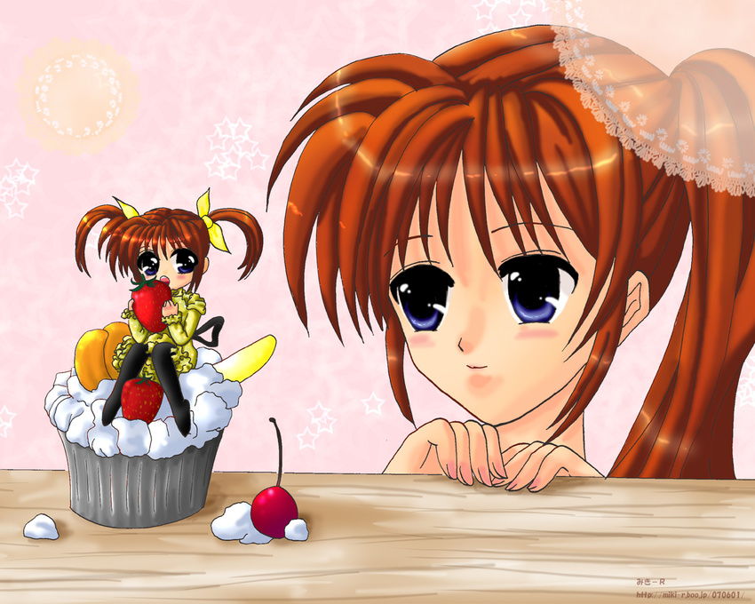 cupcake dual_persona food lyrical_nanoha mahou_shoujo_lyrical_nanoha mahou_shoujo_lyrical_nanoha_strikers minigirl multiple_girls oekaki pantyhose side_ponytail takamachi_nanoha time_paradox twintails