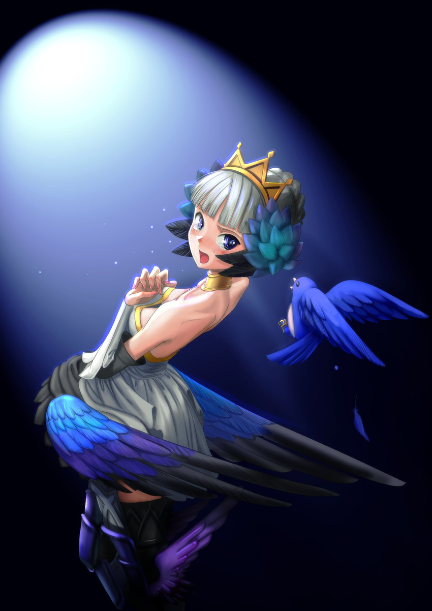 armor armored_dress bird black_background blue_background blue_eyes boots braid choker crown dress elbow_gloves gloves gradient gradient_background gwendolyn hair_bun hat highres odin_sphere open_mouth solo strapless strapless_dress tears thigh_boots thighhighs white_hair wings youkai_ankake