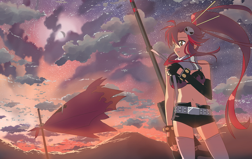 anti-materiel_rifle bikini_top cloud gloves gun long_hair mountain nagareboshi ponytail red_hair rifle scarf short_shorts shorts sky sniper_rifle solo star_(sky) starry_sky tengen_toppa_gurren_lagann thighhighs weapon yellow_eyes yoko_littner