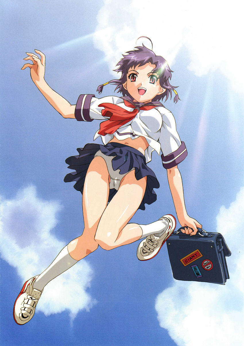 :d ahoge bag bangs breasts cloud day hair_tubes happoubi_jin highres holding ishibashi_tsubame jumping kneehighs knees_together_feet_apart leg_lift legs light_rays medium_breasts midriff miniskirt navel necktie official_art open_mouth outdoors outstretched_arm panties pantyshot parted_bangs pink_eyes pleated_skirt purple_hair scan school_bag school_uniform separate_blue serafuku shirt_lift shoes short_hair sidelocks skirt skirt_lift sky smile sneakers socks solo sticker sunbeam sunlight underwear upskirt white_legwear wind wind_lift