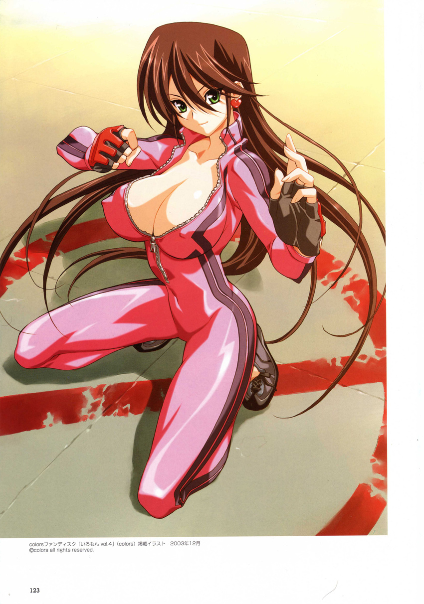 artbook bangs biker_clothes bikesuit blood bodysuit breasts brown_hair cleavage clenched_hand covered_nipples double_vertical_stripe earrings fighting_stance fingerless_gloves fingernails gloves green_eyes happoubi_jin heart heart_earrings highres jewelry kneeling large_breasts latex long_fingernails long_hair looking_at_viewer navel pink_bodysuit scan shadow shiny shiny_clothes shoes skin_tight smile sneakers solo spread_legs squatting striped tennouji_hitomi tiptoes tokumei_kyoushi_hitomi unzipped very_long_hair zipper