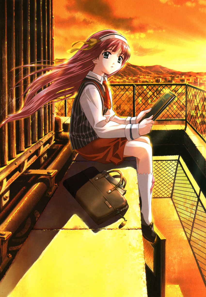 :o artbook bag bangs blue_eyes book chain-link_fence cityscape cloud door fence flat_chest hair_ribbon hairband happoubi_jin highres holding keychain kneehighs loafers long_hair looking_back manatsu_no_tobira mizuhara_nanami mountain necktie official_art open_mouth outdoors pink_hair pipes profile ribbon rooftop scan school_bag school_uniform shoes sitting skirt sky socks solo striped sun sunset vest white_legwear wind