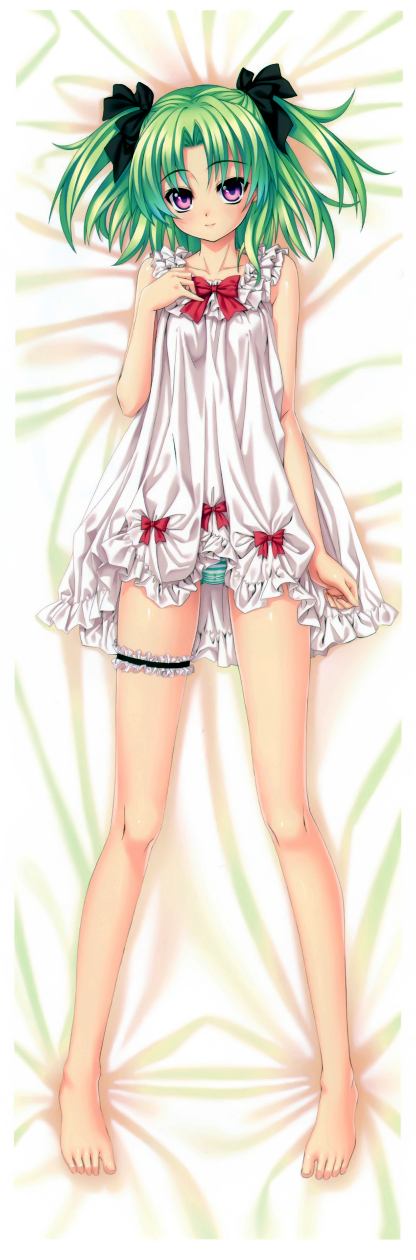 absurdres barefoot bed_sheet bow breasts copyright_request covered_nipples dakimakura full_body green_hair hair_bow hand_on_own_chest highres kannatsuki_noboru leg_garter legs lingerie long_legs looking_at_viewer lying negligee on_back panties pantyshot purple_eyes scan short_hair small_breasts smile solo striped striped_panties two_side_up underwear