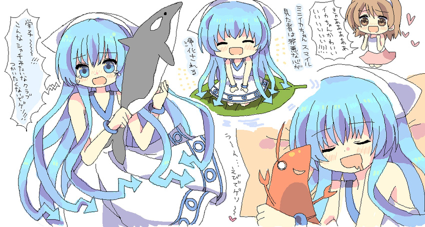 blue_eyes blue_hair chibi doll dreaming dress hat ikamusume imo_mushi long_hair multiple_girls nagatsuki_sanae orca shinryaku!_ikamusume sleeping tentacle_hair