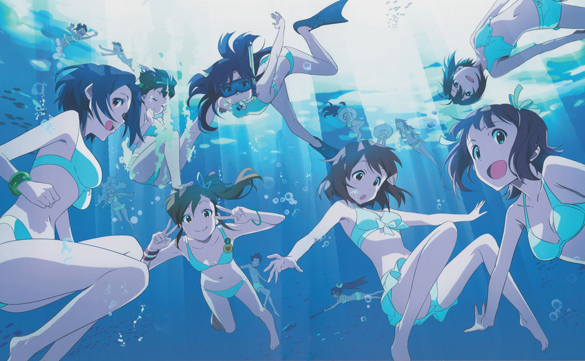 air_bubble akizuki_ritsuko amami_haruka bikini black_hair blue_eyes bracelet brown_eyes brown_hair bubble diving_mask diving_mask_on_eyes freediving futami_ami futami_mami ganaha_hibiki goggles hagiwara_yukiho highres hoshii_miki idolmaster idolmaster_(classic) jewelry kikuchi_makoto kisaragi_chihaya long_hair minase_iori miura_azusa multiple_girls nishigori_atsushi official_art otonashi_kotori ponytail producer_(idolmaster) shijou_takane short_hair snorkel snorkel_in_mouth swimming swimsuit takatsuki_yayoi underwater