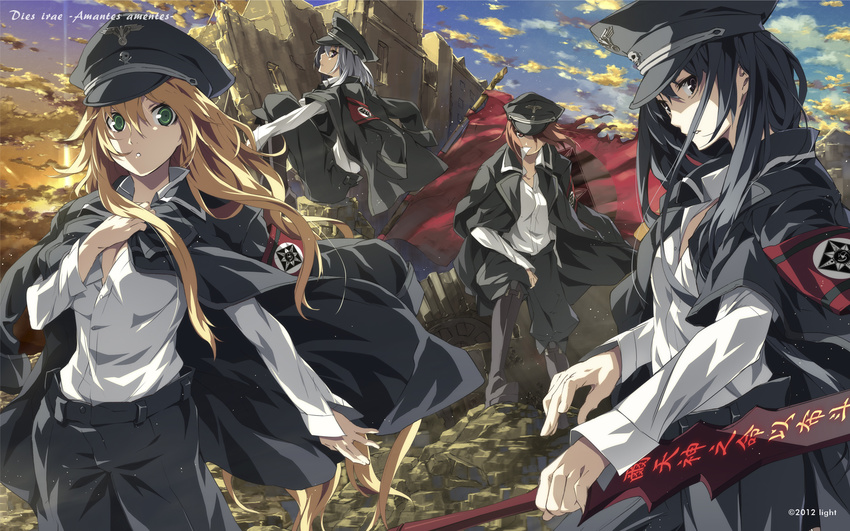 ayase_kasumi black_hair blonde_hair boots brown_eyes brown_hair cloud dies_irae flag g_yuusuke green_eyes hat highres himuro_rea holding latin long_hair marie_(dies_irae) military military_uniform multiple_girls official_art peaked_cap purple_eyes sakurai_kei silver_hair sitting sky standing sword translated uniform wallpaper weapon