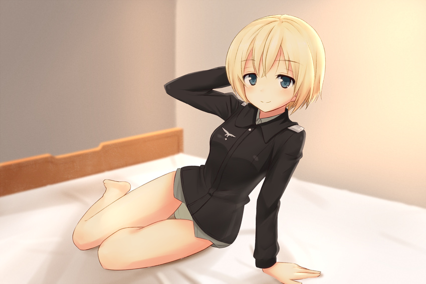 arm_support back bad_id bad_pixiv_id barefoot bed blonde_hair blue_eyes blush erica_hartmann gofukiimo_(psempsemn) green_eyes highres looking_at_viewer lying military military_uniform on_side panties short_hair smile solo strike_witches thigh_gap underwear uniform world_witches_series