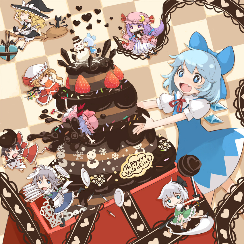 &gt;_&lt; apron bat_wings black_dress black_eyes black_hair blonde_hair blue_dress blue_eyes blue_hair blush_stickers book bow braid broom broom_riding cake cheek_kiss chibi chocolate_cake cirno closed_eyes coat crescent detached_sleeves dress eating fang flandre_scarlet food fruit green_eyes hair_bow hair_ribbon hair_tubes hakurei_reimu happy_valentine hat hat_ribbon heart katana kirisame_marisa kiss knife konpaku_youmu konpaku_youmu_(ghost) long_hair m-hit maid maid_headdress minigirl multiple_girls object_hug open_mouth patchouli_knowledge plate purple_eyes purple_hair red_eyes remilia_scarlet ribbon shirt short_hair silver_hair single_braid sitting skirt skirt_set smile snowman strawberry striped striped_dress sword touhou twin_braids valentine waist_apron wavy_mouth weapon wings witch_hat yellow_eyes