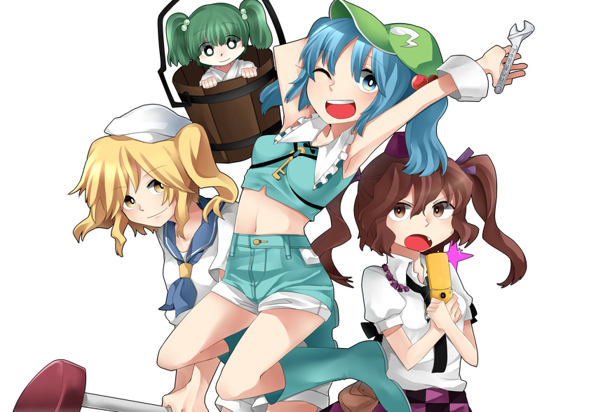 absurdres armpits bad_id bad_pixiv_id blonde_hair blue_eyes blue_hair blue_sailor_collar boots brown_eyes brown_hair bucket cellphone fang green_hair hair_bobbles hair_ornament hat highres himekaidou_hatate kawashiro_nitori key kisume kitashirakawa_chiyuri midriff min_(brbird98) multiple_girls navel open_mouth phone sailor_collar shorts touhou touhou_(pc-98) two_side_up wrench wrist_cuffs yellow_eyes