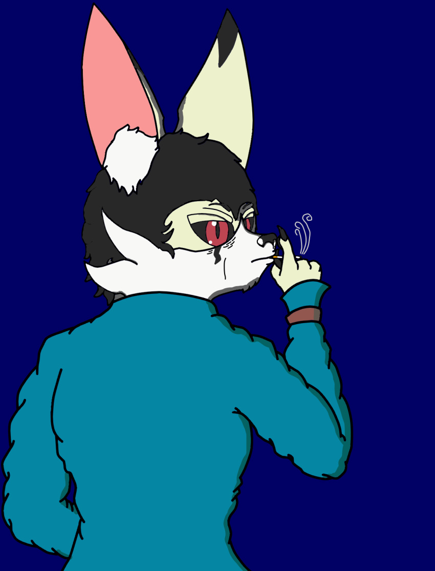 anthro black_hair black_sclera canine cigarette clothed clothing deta e'thrus_vos_devon fennec fox hair jacket looking_back male mammal red_eyes simple_background solo supersly-mouseguy