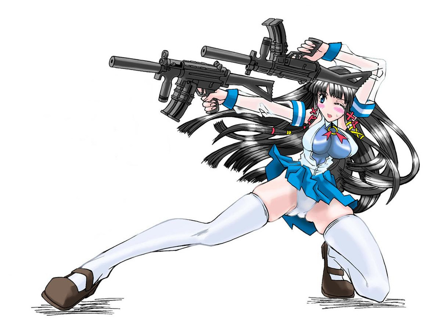 bangs black_hair blue_eyes blue_skirt blunt_bangs blush breasts brown_footwear detached_sleeves dual_wielding extended_magazine folding_stock gun h&amp;k_mp5 h&amp;k_mp5k heckler_&amp;_koch holding ironsights jungle_style large_breasts long_hair mary_janes one_eye_closed one_knee open_mouth os-tan panties pleated_skirt see-through shoes skindentation skirt sleeveless submachine_gun suppressor thighhighs thighs trigger_discipline underwear vertical_foregrip weapon white_legwear white_panties xp-tan