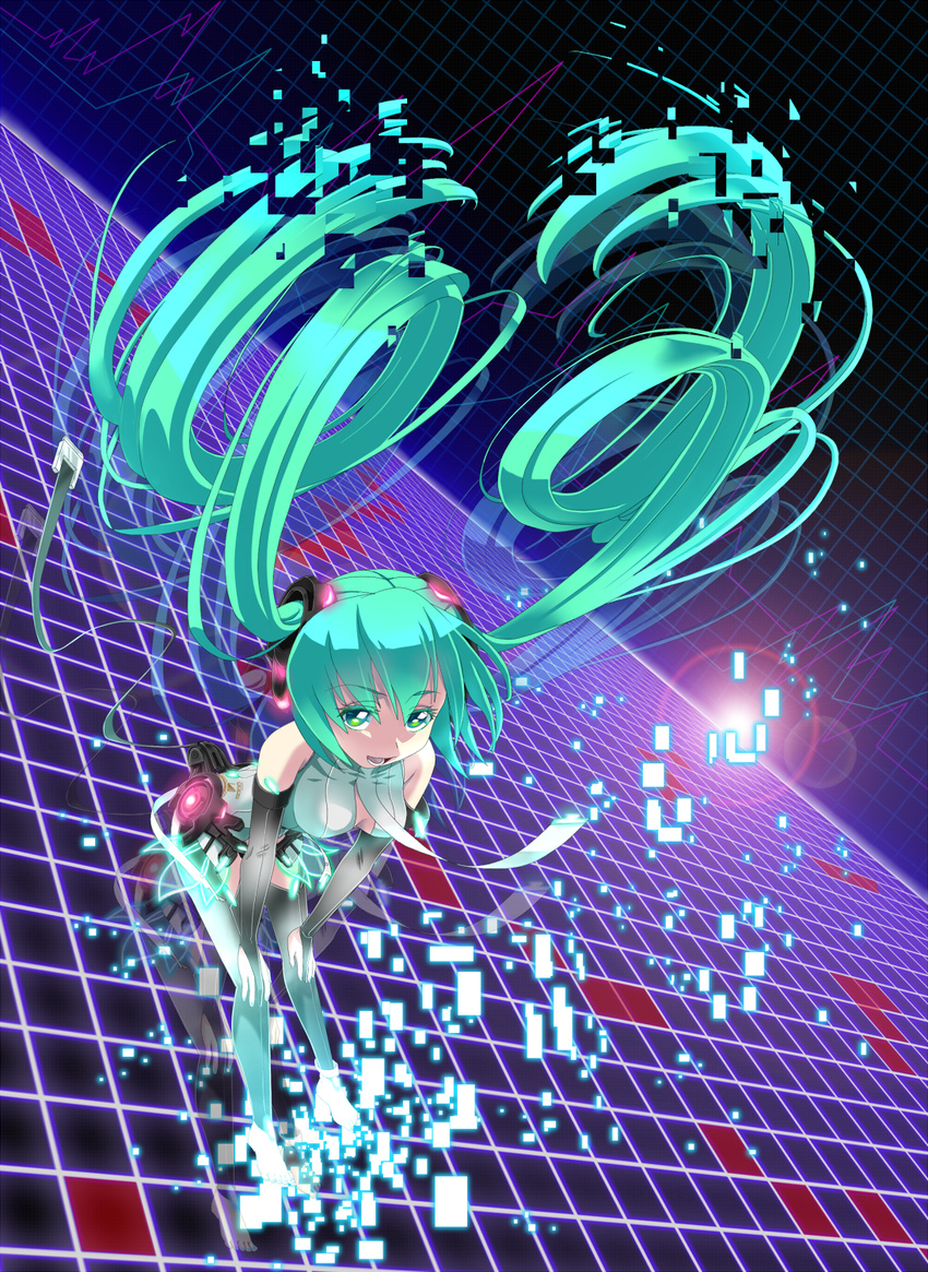 anklet aqua_eyes aqua_hair barefoot bridal_gauntlets colored_eyelashes digital_dissolve floating_hair full_body grid hatsune_miku hatsune_miku_(append) highres jewelry leaning_forward long_hair looking_at_viewer necktie open_mouth pixelated rectangle shoudoubutsu solo thighhighs twintails very_long_hair vocaloid vocaloid_append