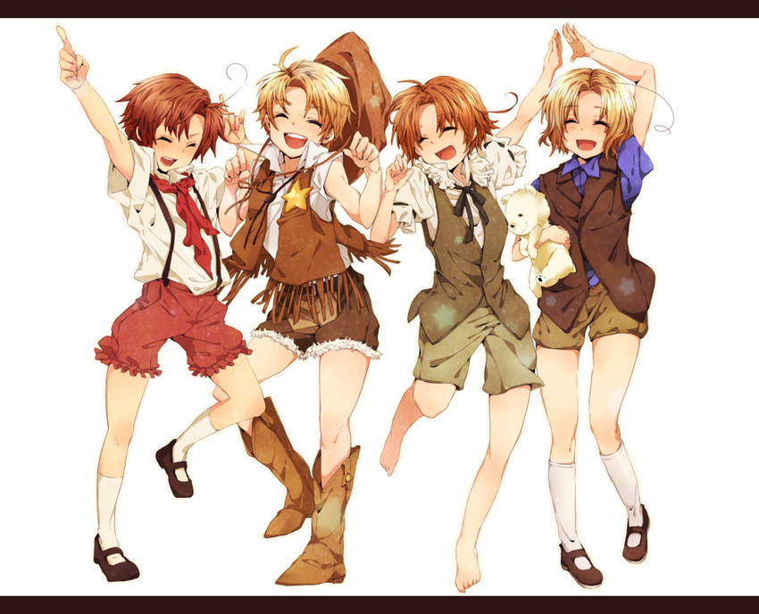 ahoge america_(hetalia) axis_powers_hetalia blonde_hair boots brown_hair canada_(hetalia) child closed_eyes cowboy cowboy_boots cowboy_hat fringe_trim full_body hat kumajirou_(hetalia) male_focus multiple_boys northern_italy_(hetalia) on_(snow77) open_mouth ribbon shorts siblings smile socks southern_italy_(hetalia) western younger