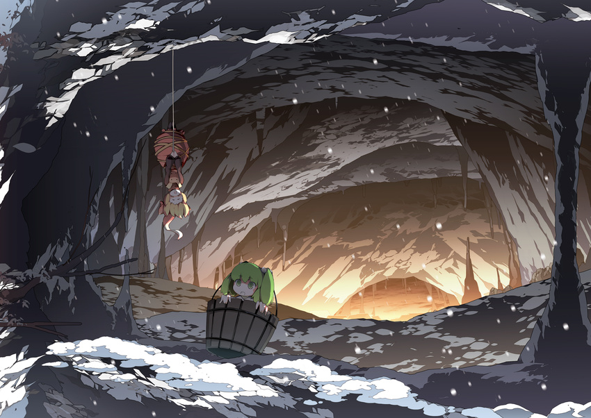 asakura_masatoki blonde_hair blush bow branch cave cave_interior closed_eyes facing_another green_eyes green_hair hair_bow highres kisume kurodani_yamame multiple_girls open_mouth red_bow scan scenery short_hair short_twintails smile snow snowing touhou twintails upside-down wide_shot