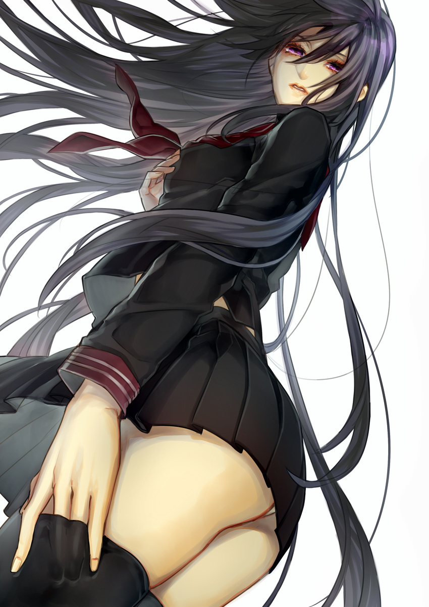 absurdres ass black_hair black_legwear black_serafuku from_below hand_on_own_chest highres kazari_tayu lipstick long_hair makeup neckerchief original panties pantyshot pantyshot_(standing) parted_lips purple_eyes red_lipstick school_uniform serafuku shirt skirt skirt_set solo standing thighhighs underwear upskirt white_panties wind