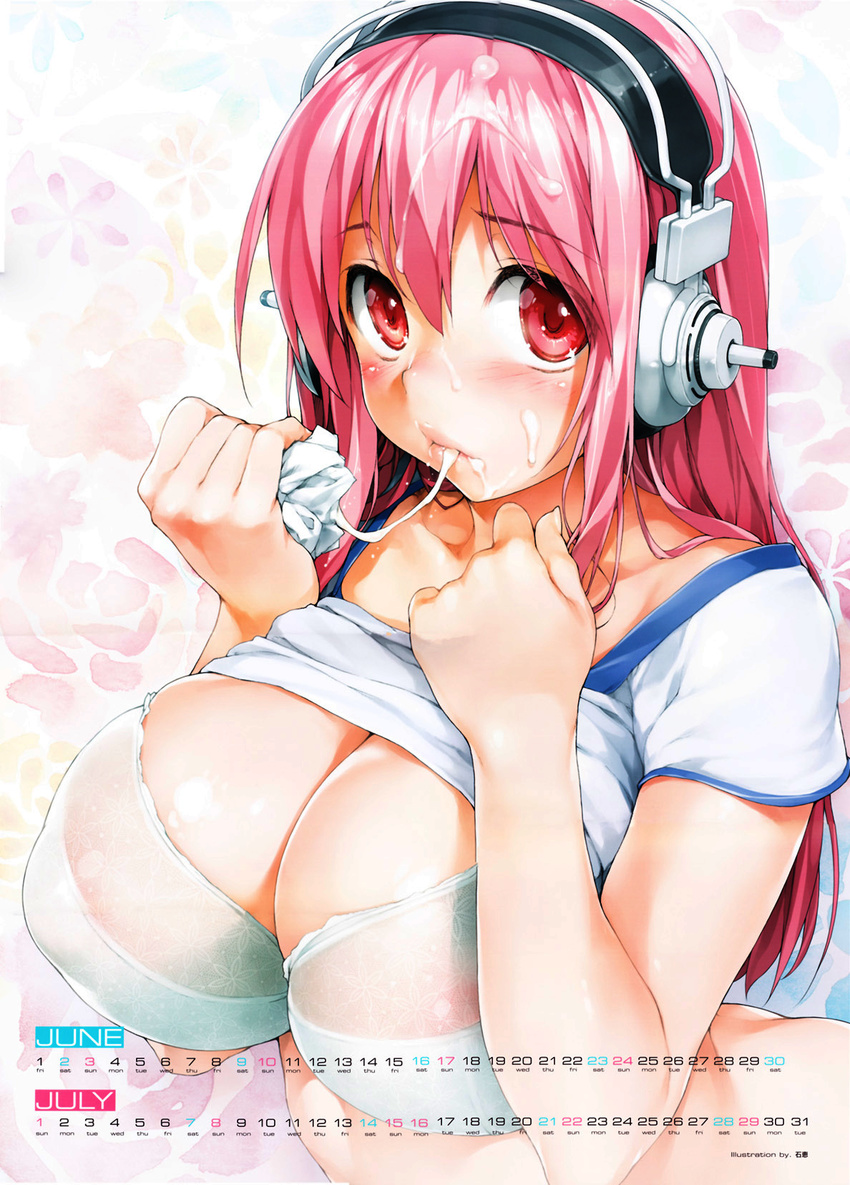 areola_slip areolae blush bra breasts butt_crack calendar_(medium) cum cum_in_mouth cum_on_hair facial headphones highres ishikei large_breasts lingerie long_hair looking_at_viewer nitroplus official_art pink_hair red_eyes see-through shirt_lift solo super_sonico underwear white_bra