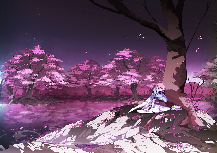 asakura_masatoki barefoot cherry_blossoms closed_eyes closed_mouth hat hat_removed headwear_removed highres lake night night_sky outdoors pink_hair reflection saigyouji_yuyuko scan scenery short_hair sky smile solo star_(sky) touhou tree