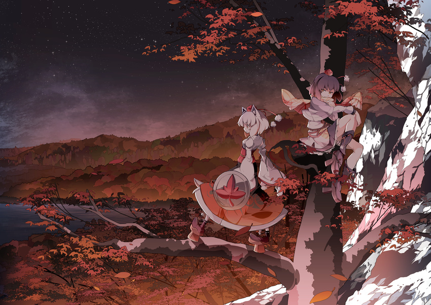 animal_ears asakura_masatoki autumn autumn_leaves black_hair branch forest geta hat highres inubashiri_momiji lake landscape leaf maple_leaf mountain multiple_girls nature rock scan scarf shameimaru_aya shield short_hair smirk tail tengu-geta tokin_hat touhou tree water white_hair wolf_ears wolf_tail