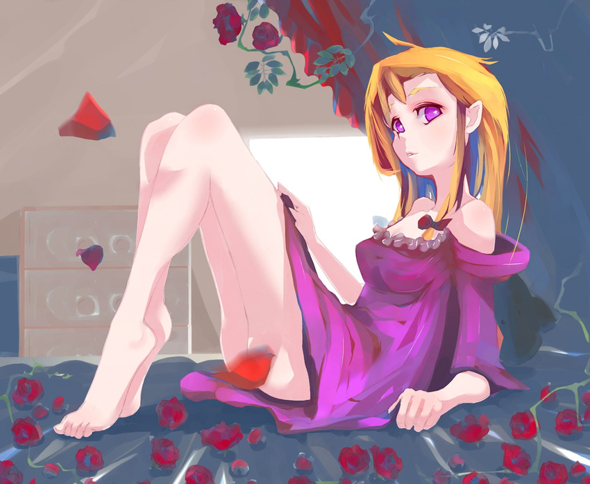 bare_legs barefoot bed blonde_hair censored convenient_censoring dress flower hair_up long_hair nightgown off_shoulder petals purple_eyes sitting solo tatwuku touhou yakumo_yukari