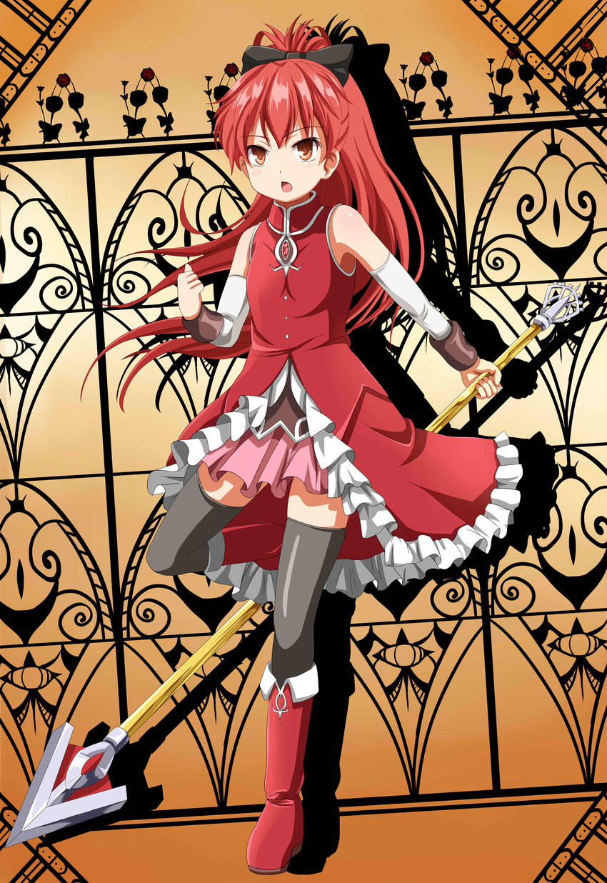 absurdres bare_shoulders black_legwear boots detached_sleeves e.o. flower frills hair_ribbon highres long_hair magical_girl mahou_shoujo_madoka_magica open_mouth pleated_skirt polearm ponytail red_eyes red_hair ribbon rose sakura_kyouko skirt solo spear thighhighs weapon