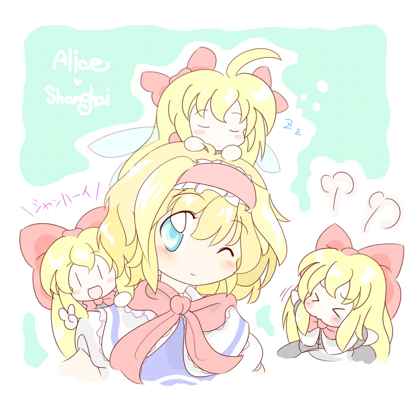 &gt;_&lt; ahoge alice_margatroid blonde_hair blue_eyes blush blush_stickers bow character_name closed_eyes doll hair_bow hairband one_eye_closed pout ruto5102 shanghai_doll smile solo touhou v wings zzz |_|
