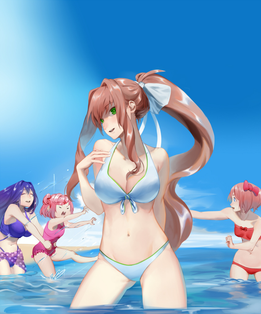 4girls :d ^_^ arm_behind_back beach bikini blue_eyes blue_sky bow bow_bikini breasts brown_hair closed_eyes cloud collarbone commentary day doki_doki_literature_club english_commentary eyebrows_visible_through_hair eyes_closed grabbing green_eyes hair_bow hair_ribbon hand_on_own_chest head_tilt highres large_breasts long_hair looking_at_another looking_at_viewer medium_breasts monika_(doki_doki_literature_club) multiple_girls natsuki_(doki_doki_literature_club) navel odakojirou one-piece_swimsuit open_mouth outdoors parted_lips pink_hair pink_swimsuit ponytail purple_bikini purple_hair red_bikini red_bow ribbon sarong sayori_(doki_doki_literature_club) short_hair sky small_breasts smile splashing stomach swimsuit two_side_up very_long_hair wading water white_bikini white_ribbon yuri_(doki_doki_literature_club)