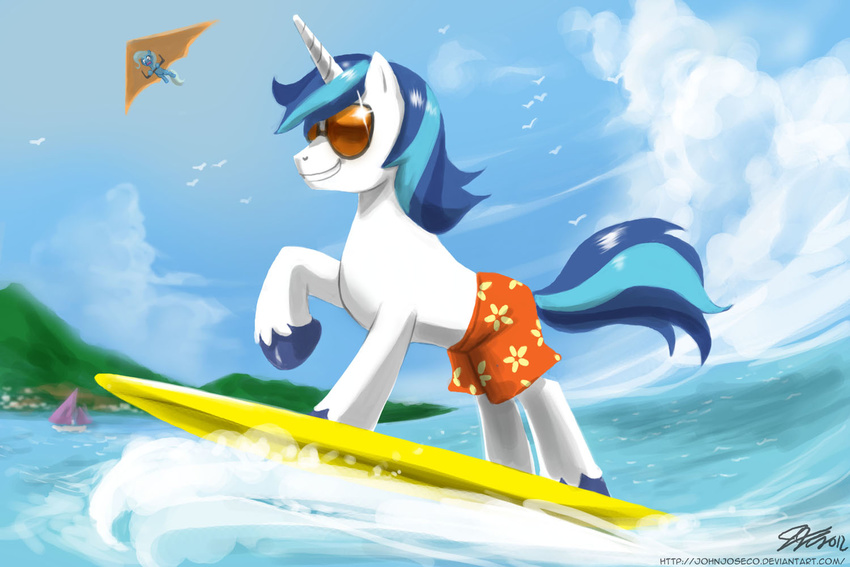 beach birds blue_hair boat cloth clothed clothing cloud equine eyewear female feral friendship_is_magic hair hang_glider horn horse john_joseco long_hair male mammal multi-colored_hair my_little_pony pony sea seaside shining_armor_(mlp) short smile sunglasses surf trixie_(mlp) two_tone_hair unicorn water wave
