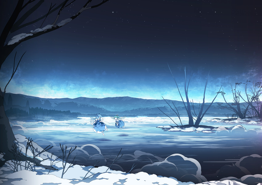 asakura_masatoki bare_tree barefoot blue_bow blue_dress blue_hair bow building cirno daiyousei dress fairy fairy_wings feet flying fog frozen_lake green_hair hair_bow highres lake landscape looking_at_another mountain multiple_girls night night_sky puffy_short_sleeves puffy_sleeves ribbon scenery shadow short_hair short_sleeves side_ponytail sky snow star star_(sky) touhou tree wallpaper wings