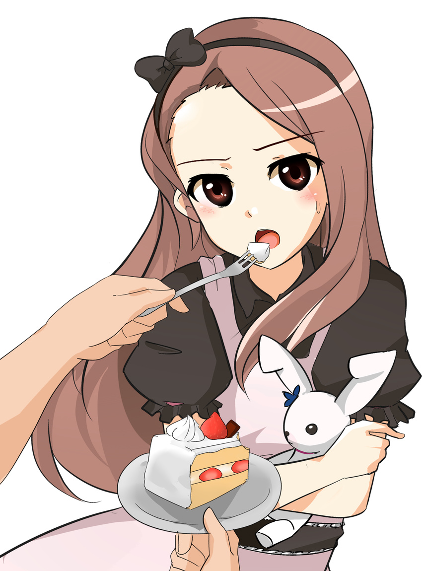 bad_id bad_pixiv_id bow brown_eyes brown_hair cake crossed_arms feeding food hairband highres idolmaster idolmaster_(classic) long_hair minase_iori mobu_(nonoichi) open_mouth out_of_frame pov pov_hands solo_focus stuffed_animal stuffed_bunny stuffed_toy sweatdrop transparent_background