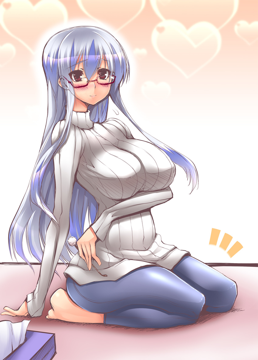 alternate_costume barefoot bespectacled blue_hair blush breasts casual contemporary covered_nipples denim glasses heart highres jeans kamishirasawa_keine large_breasts long_hair mimikaki multicolored_hair no_hat no_headwear oohira_sunset pants ribbed_sweater seiza sitting solo sweater touhou two-tone_hair very_long_hair