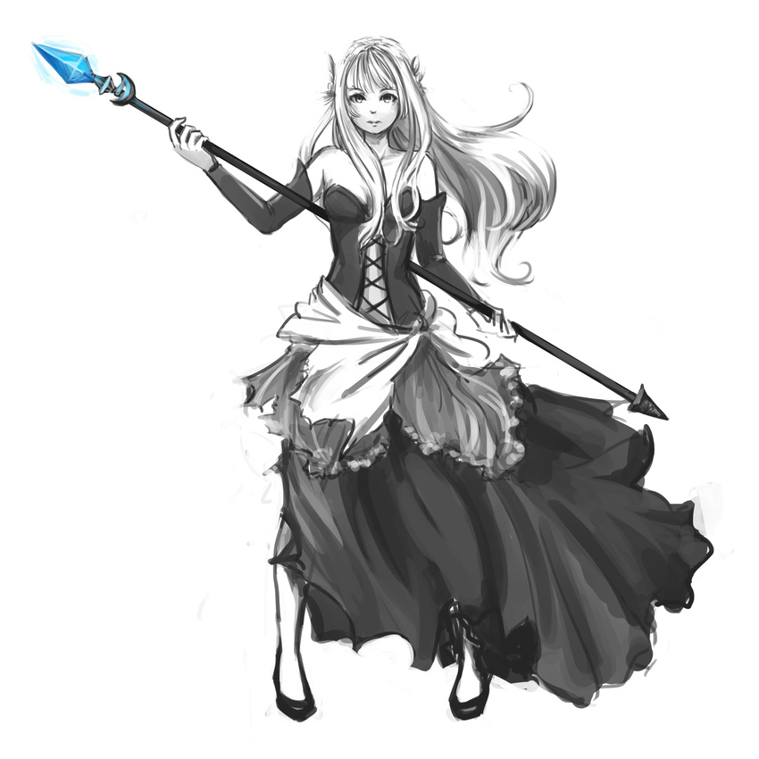 absurdres alternate_costume anonymous_drawfag bare_shoulders bustier detached_sleeves dress gown gwendolyn hair_down hair_ornament highres long_dress long_hair monochrome odin_sphere polearm solo spear spot_color strapless strapless_dress weapon