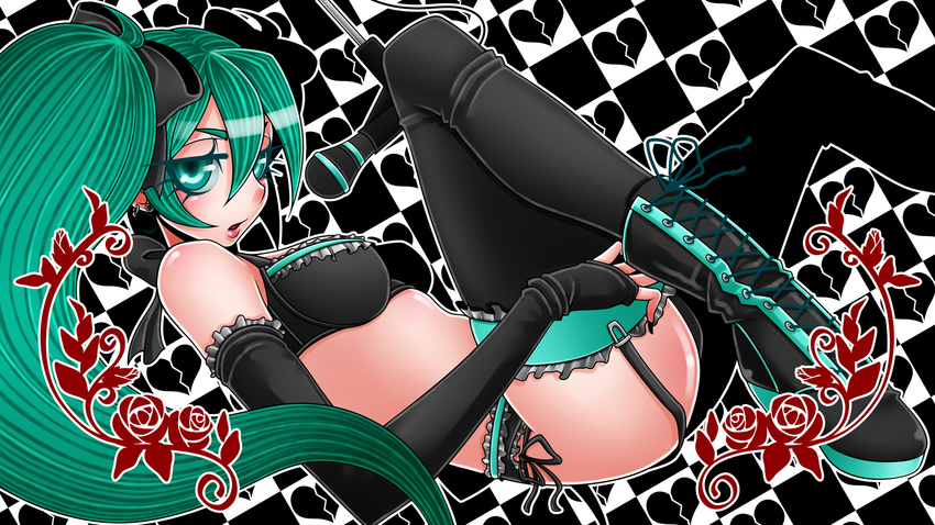 body_blush boots bra checkered checkered_background cross-laced_footwear detached_sleeves earrings frilled_bra frills garter_belt green_eyes green_hair hatsune_miku heart highres jewelry lace-up_boots lingerie long_hair microphone panties ranchuu_(akamusume) side-tie_panties solo thighhighs twintails underwear underwear_only vocaloid